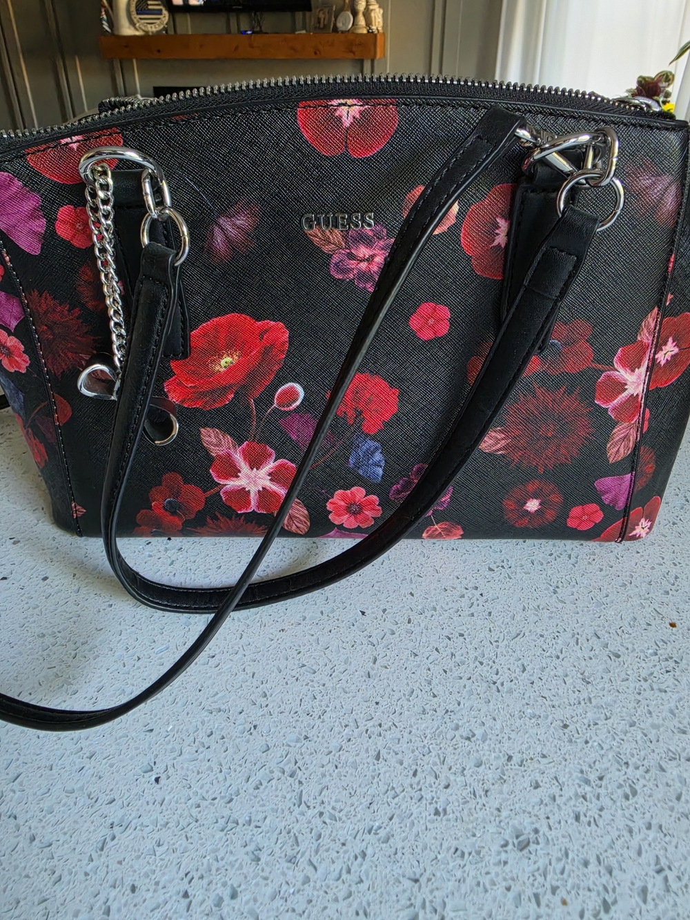 GUESS Black Floral Print Bag And Matching Wallet